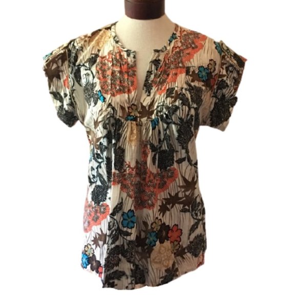 Hawaiian Floral Boho Gold Trim Pleated Yoke A-Line Boho Chic Blouse Billtornade - Picture 9 of 9